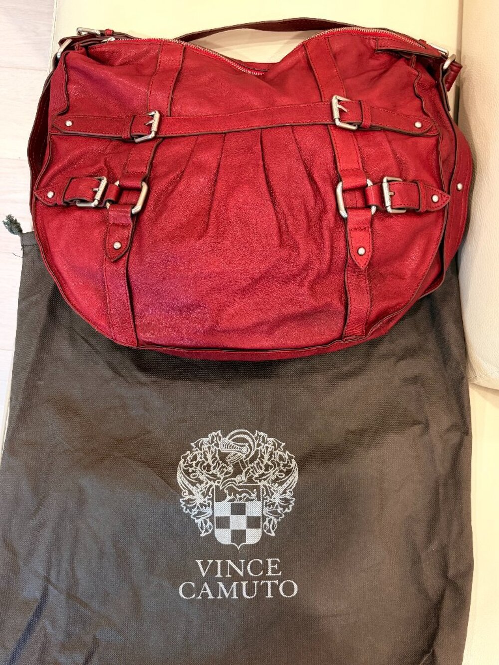 Vince Camuto Red Leather Buckle Hobo Shoulder Bag